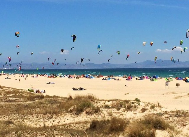 tarifa beach kitesurfers